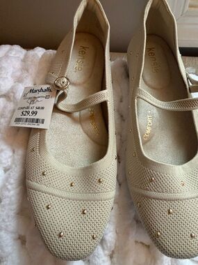 Kensie Cream Knit Mary Jane Flats with Gold Studs